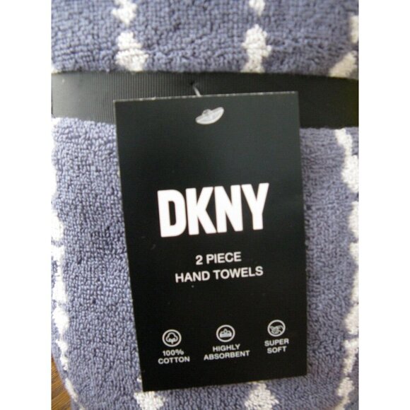 New Donna Karan DKNY Blue w/ White Pattern Stripe Bathroom Hand Towels Set of 2 - Picture 2 of 5